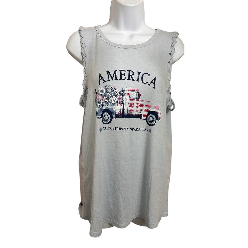 Womens Maurices America Patriotic Tee Sz M Sleeveless Truck T-Shirt Blue Tank - Picture 5 of 10